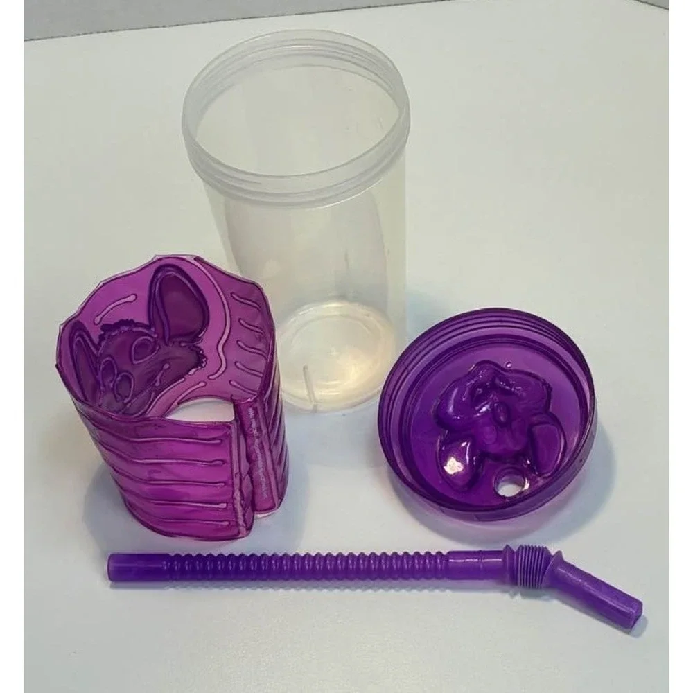 Chuck E Cheese Purple Souvenir Cup Removable Sleeve‎ Lid 2021 Flawed Straw